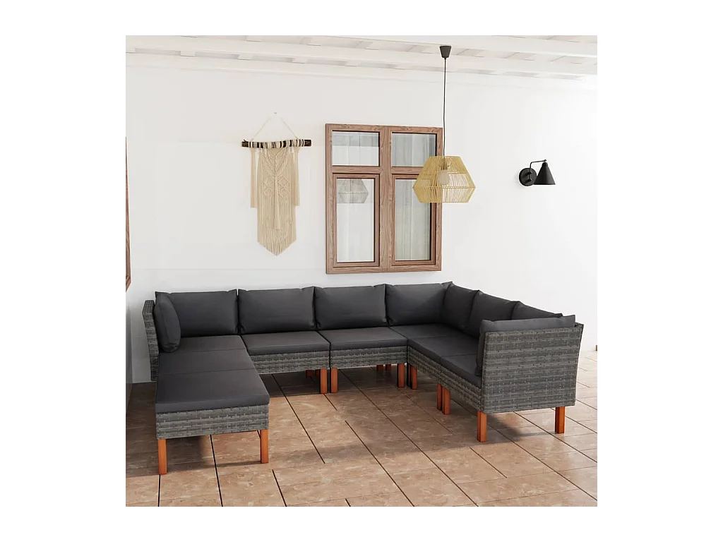 Salon de jardin 8 pièces avec coussins Résine tressée Gris