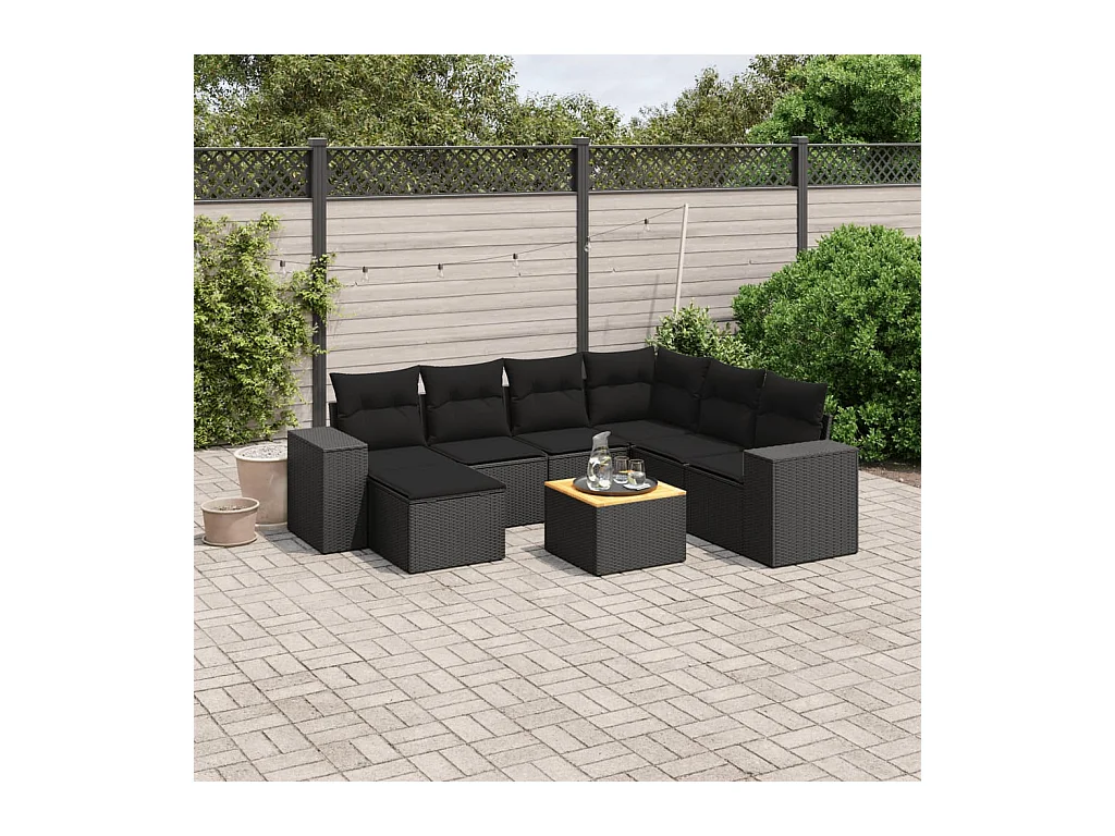 Salon de jardin 8 pièces avec coussins noir résine tressée