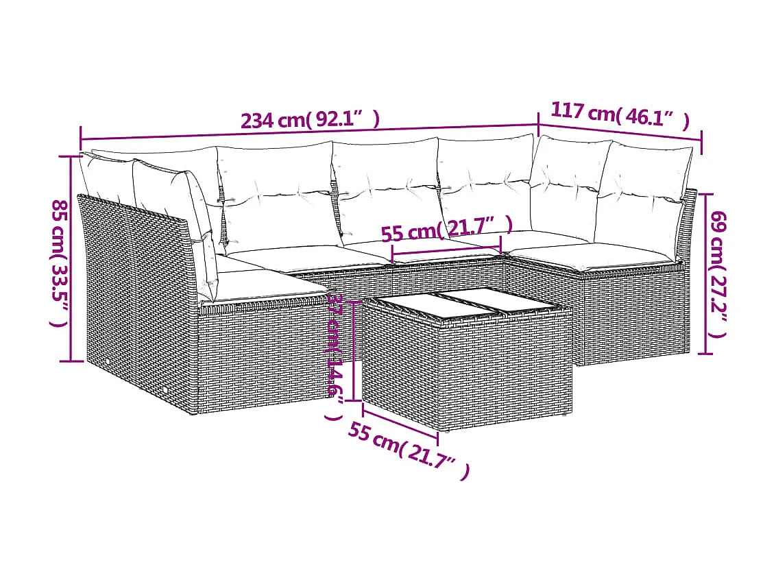 Set de comedor de jardín 7 piezas y cojines ratán sintético negro
