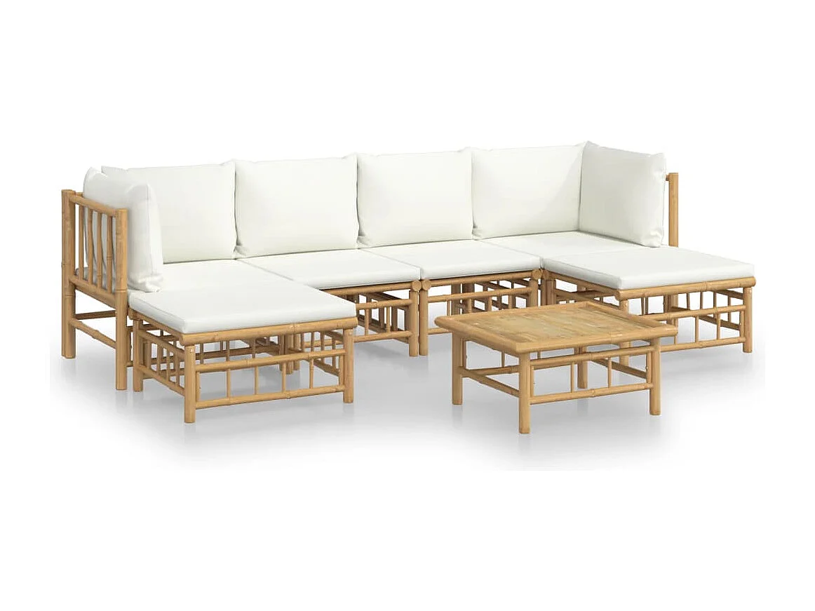 Salon de jardin 7 pièces avec coussins blanc crème bambou