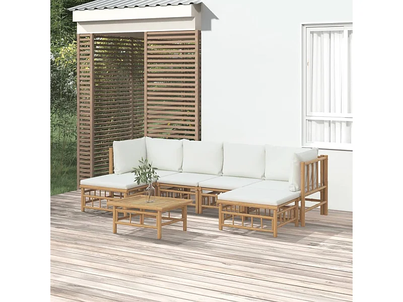 7 peças conjunto lounge de jardim bambu c/ almofadões branco nata