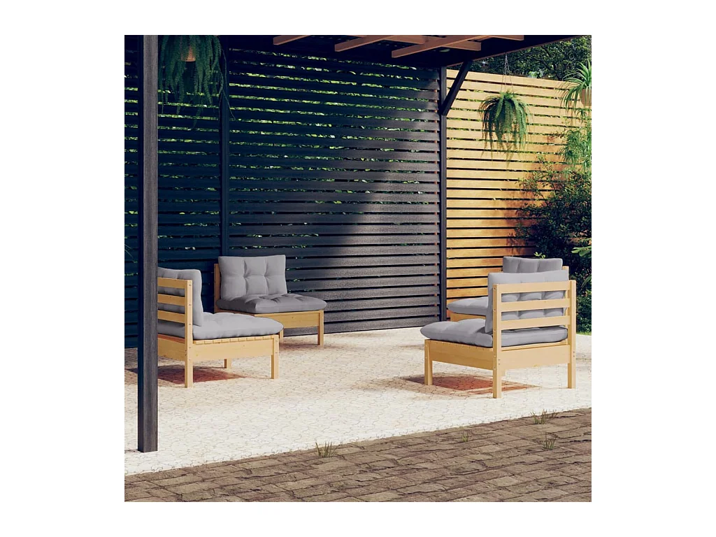 Salon de jardin 4 pièces avec coussins gris Bois de pin