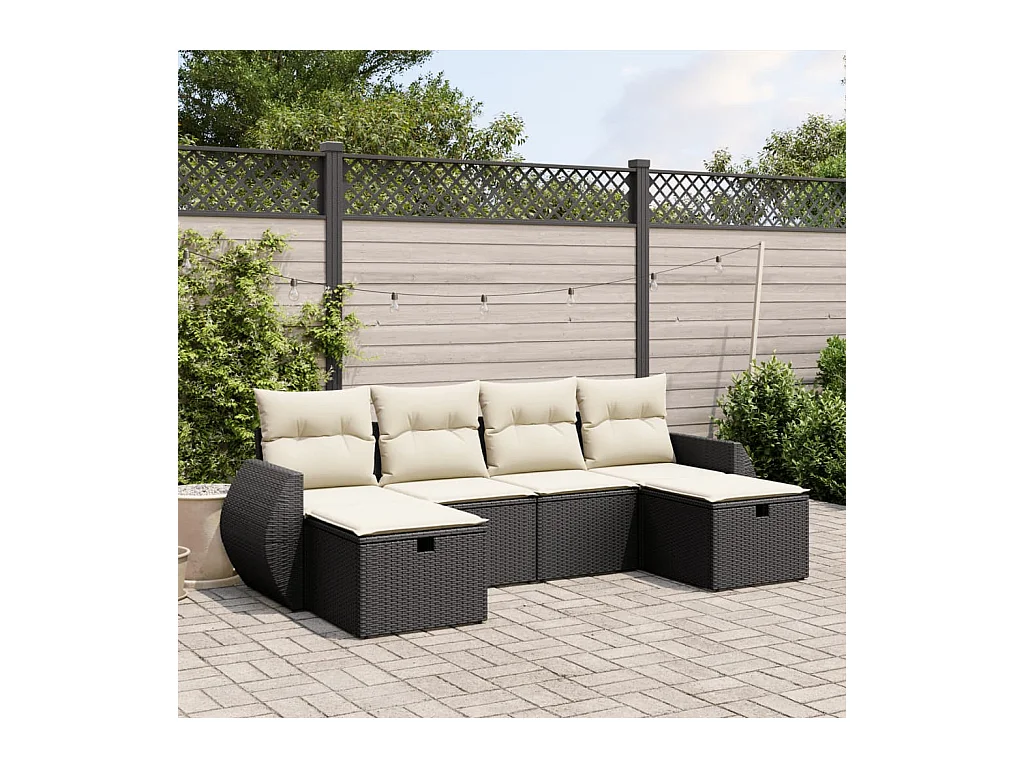 6-delige Loungeset met kussens poly rattan zwart