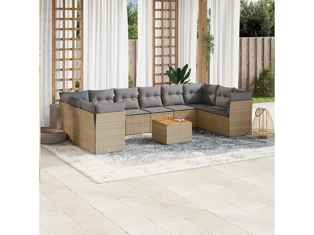 11-delige Loungeset met kussens poly rattan gemengd beige