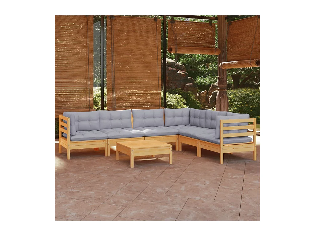 7 peças conjunto lounge de jardim + almofadões cinza pinho maciço