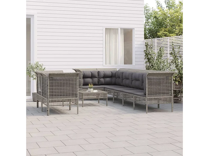 Salon de jardin 9 pièces avec coussins Gris Résine tressée
