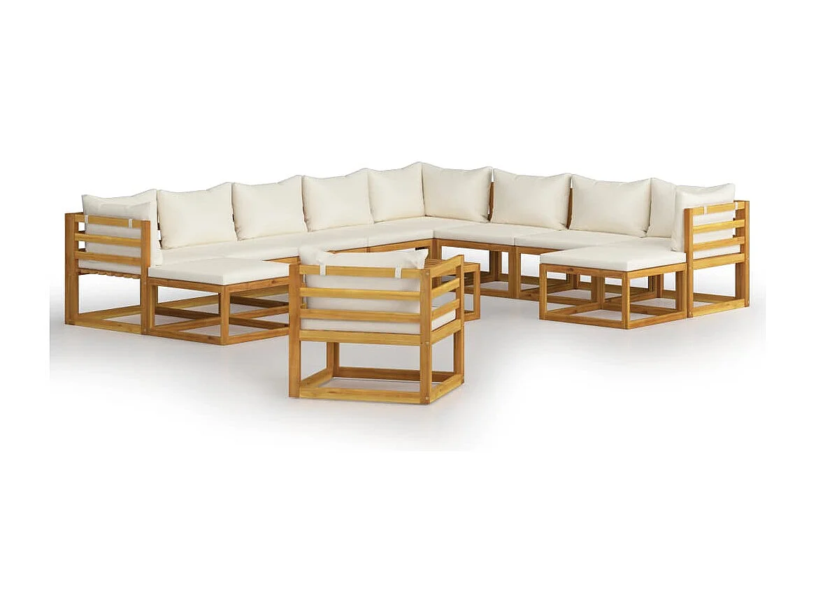 Salon de jardin 12 pièces avec coussin Crème Bois d'acacia solide