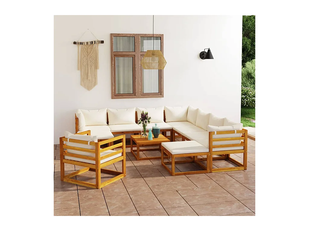 Salon de jardin 12 pièces avec coussin Crème Bois d'acacia solide