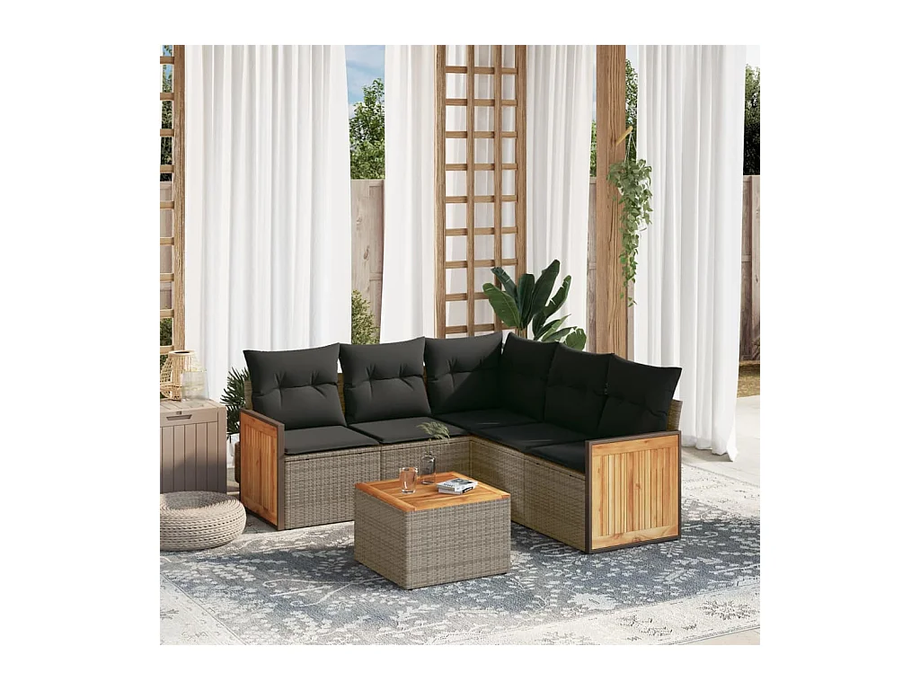 Set de muebles de jardín 6 piezas y cojines ratán sintético gris
