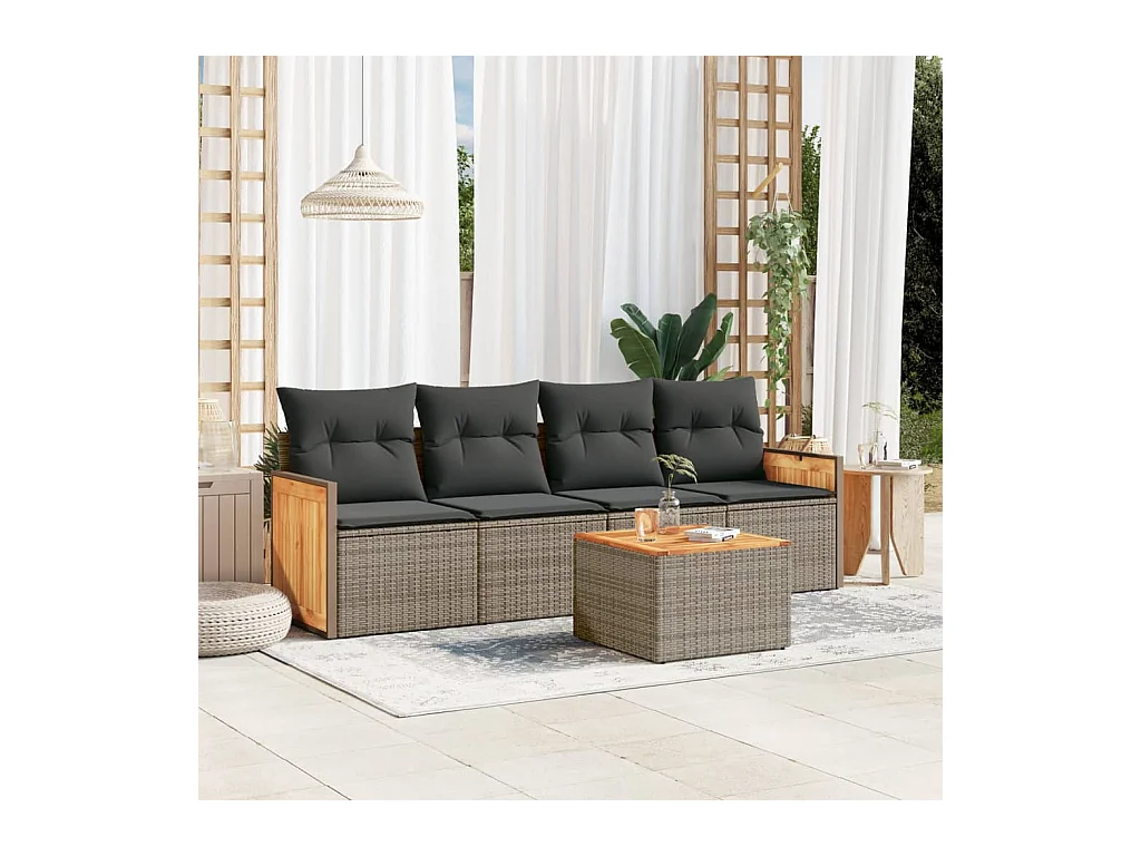 Salon de jardin 5 pièces avec coussins gris résine tressée