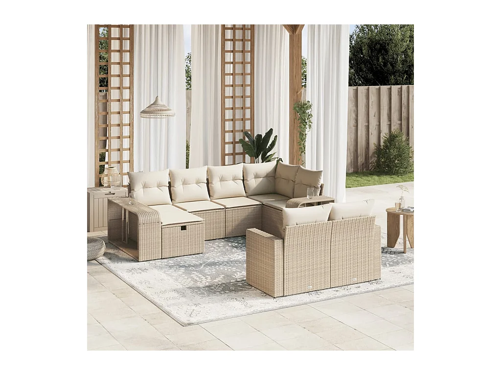 10-delige Loungeset met kussens poly rattan beige