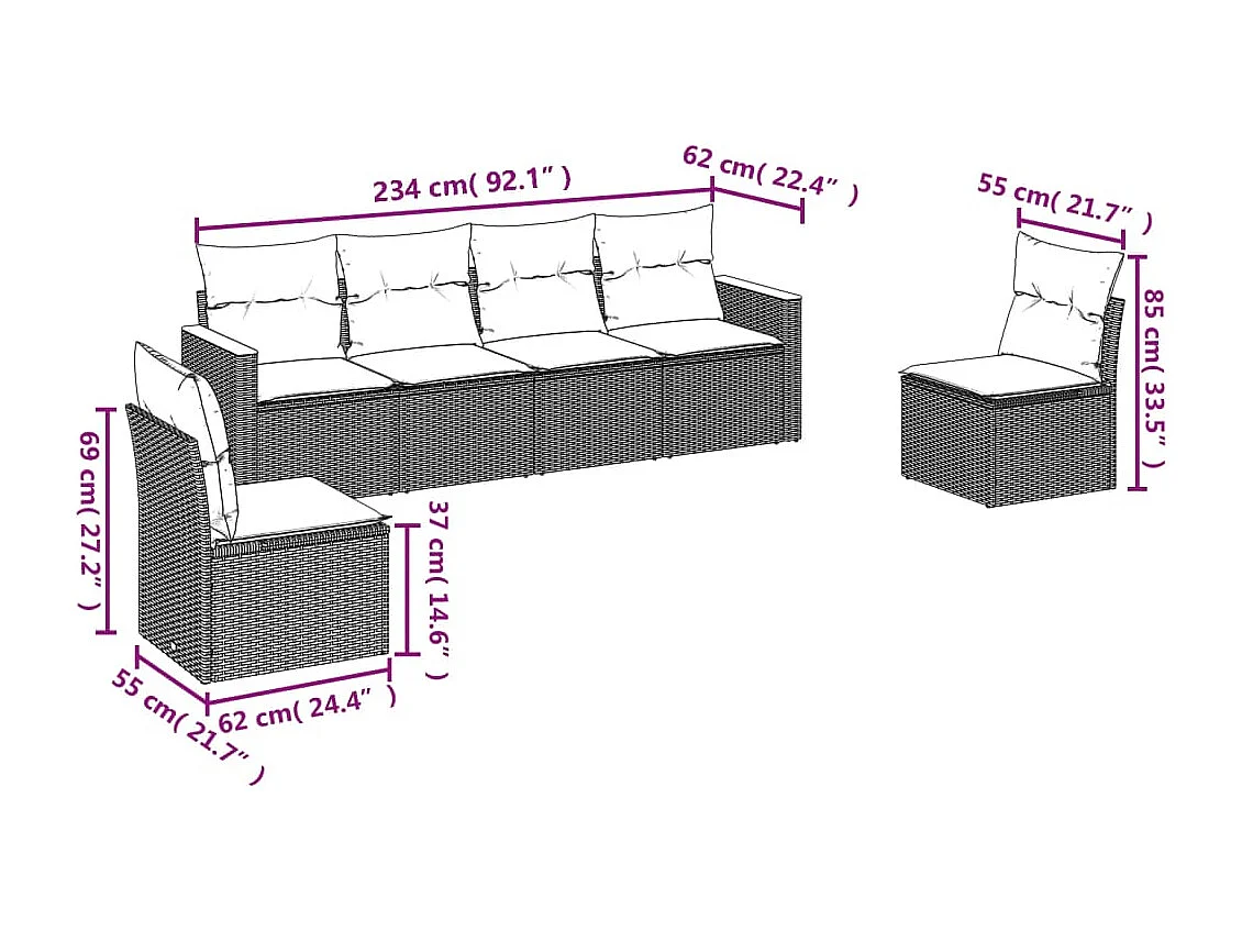 6-delige Loungeset met kussens poly rattan zwart