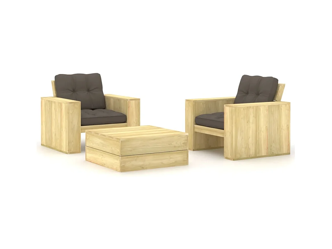 Set muebles de jardín y cojines 3 piezas madera pino impregnada