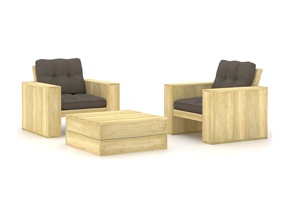 Salon de jardin 3 pièces avec coussins bois de pin imprégné