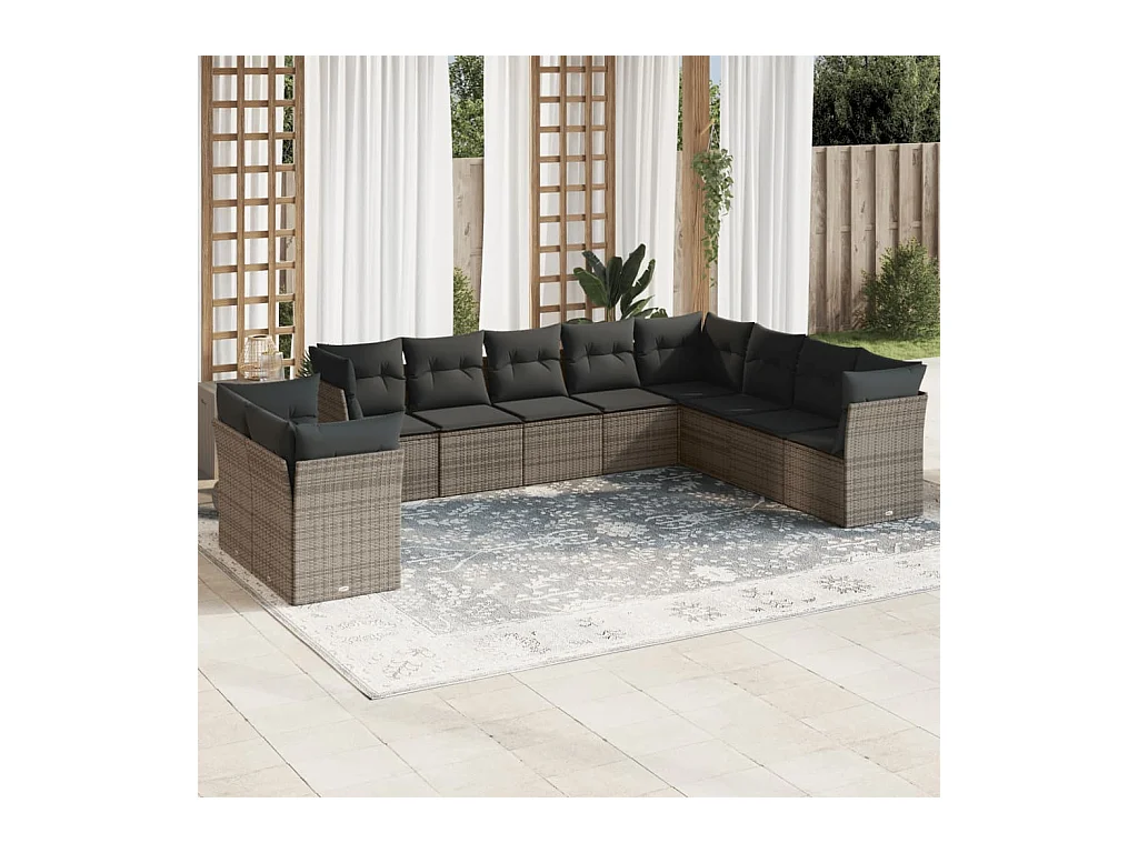 10 peças conjunto sofás de jardim c/ almofadões vime PE cinzento