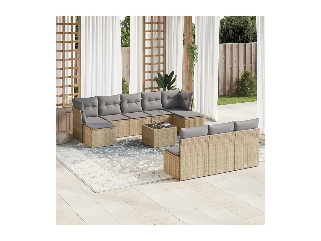 Salon de jardin 11 pièces avec coussins beige résine tressée