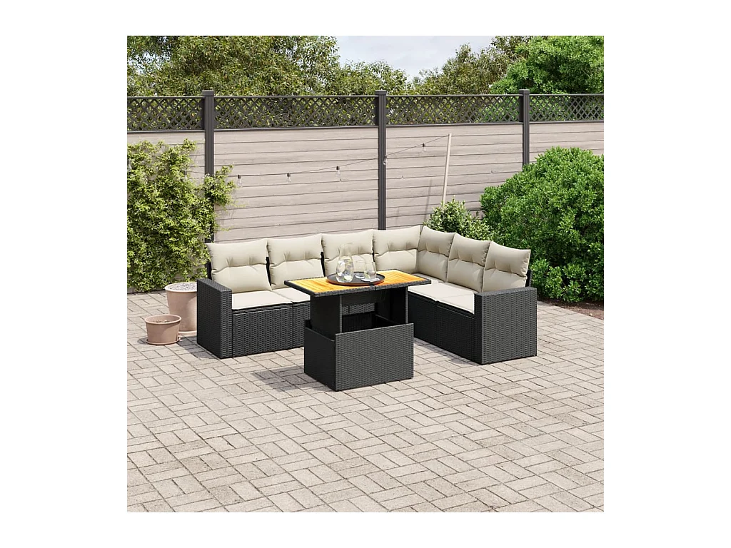 7-delige Loungeset met kussens poly rattan zwart