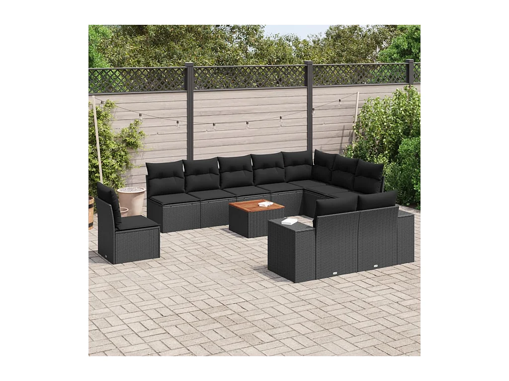 Salon de jardin 11 pièces avec coussins noir résine tressée