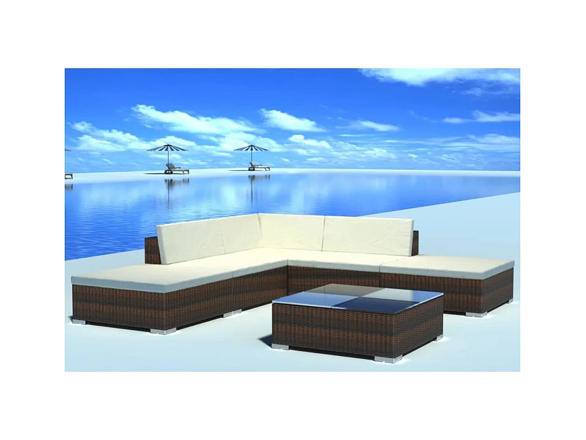 6-delige Loungeset met kussens poly rattan bruin