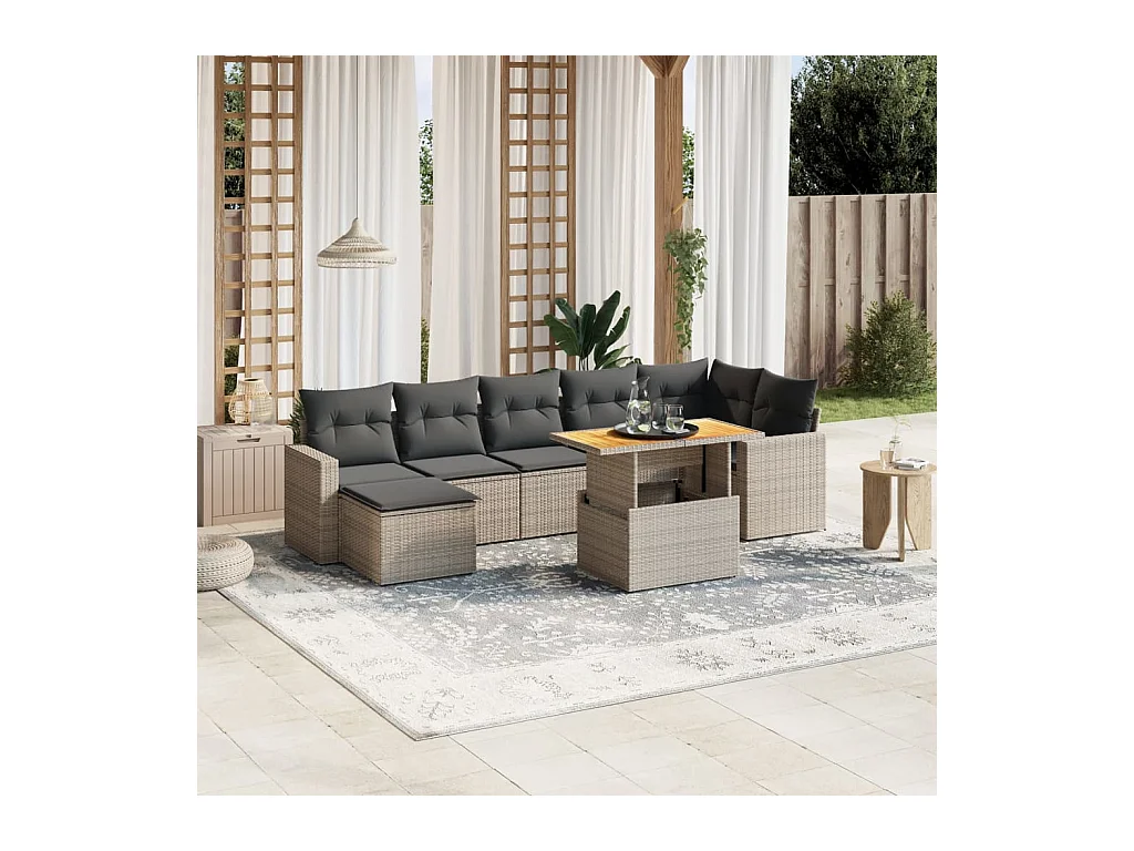 Salon de jardin 8 pièces avec coussins gris résine tressée
