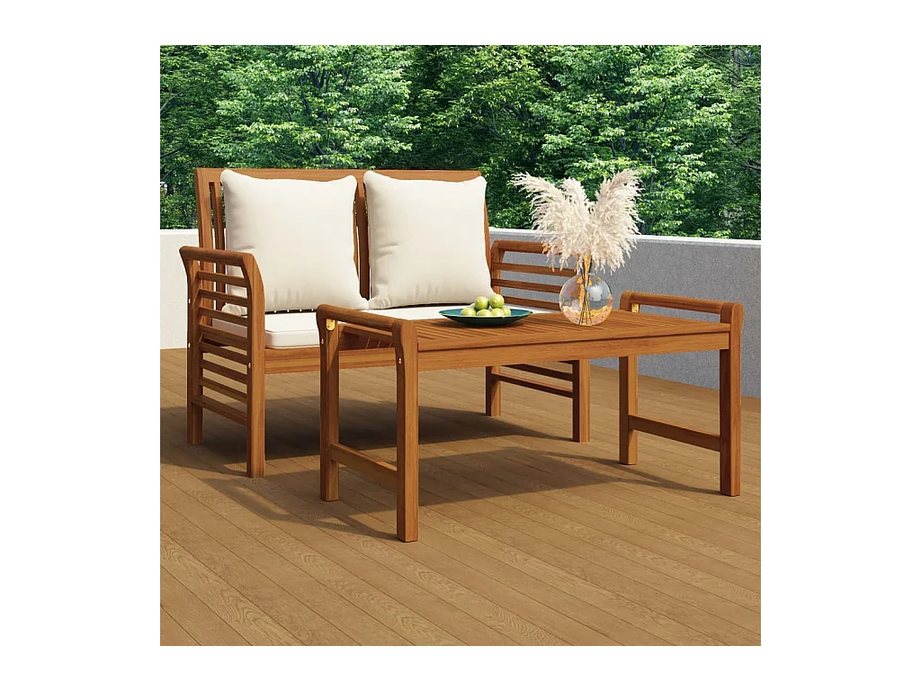 Salon de jardin avec coussins blanc crème 2 pièces Bois massif