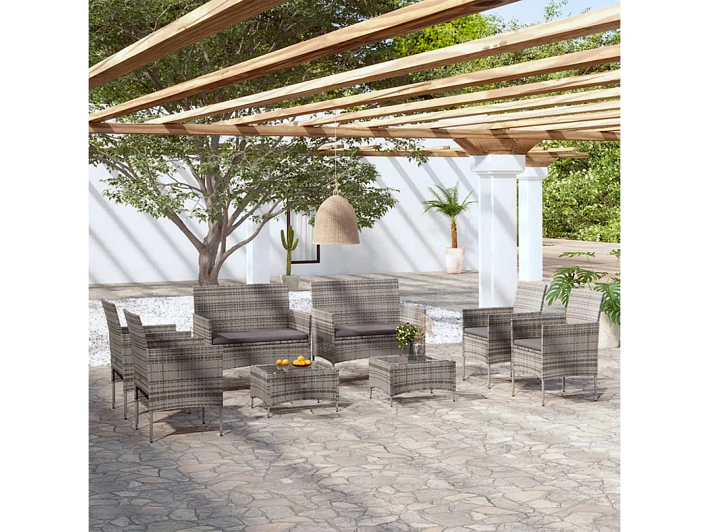 8 peças conjunto lounge de jardim c/ almofadões vime PE cinzento