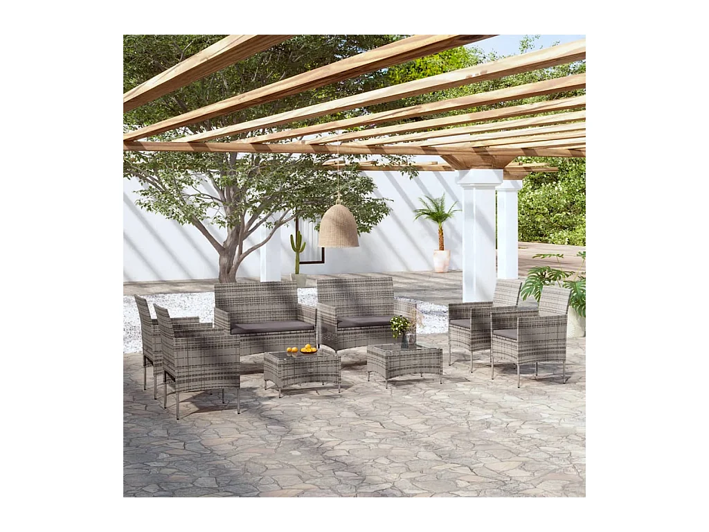 Salon de jardin 8 pièces avec coussins Résine tressée Gris