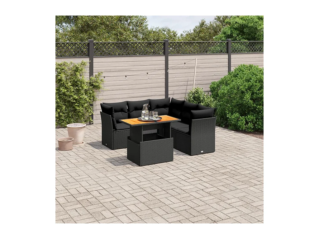 5 peças conjunto sofás de jardim com almofadões vime PE preto