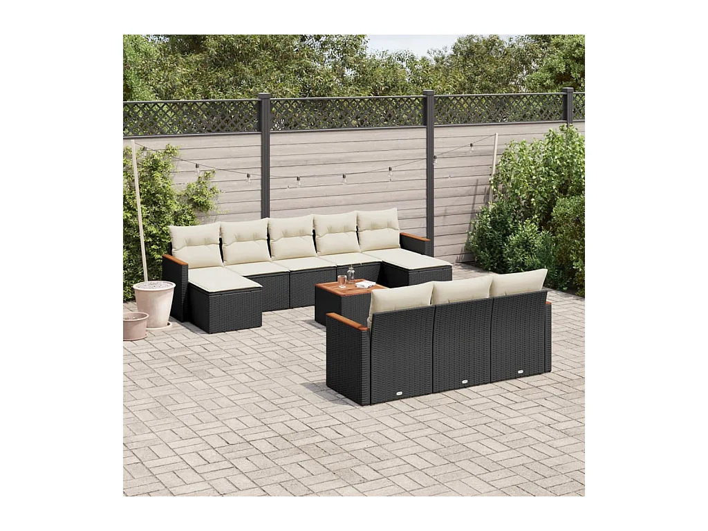 11 peças conjunto sofás de jardim c/ almofadões vime PE preto