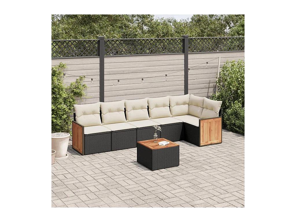 7-delige Loungeset met kussens poly rattan zwart