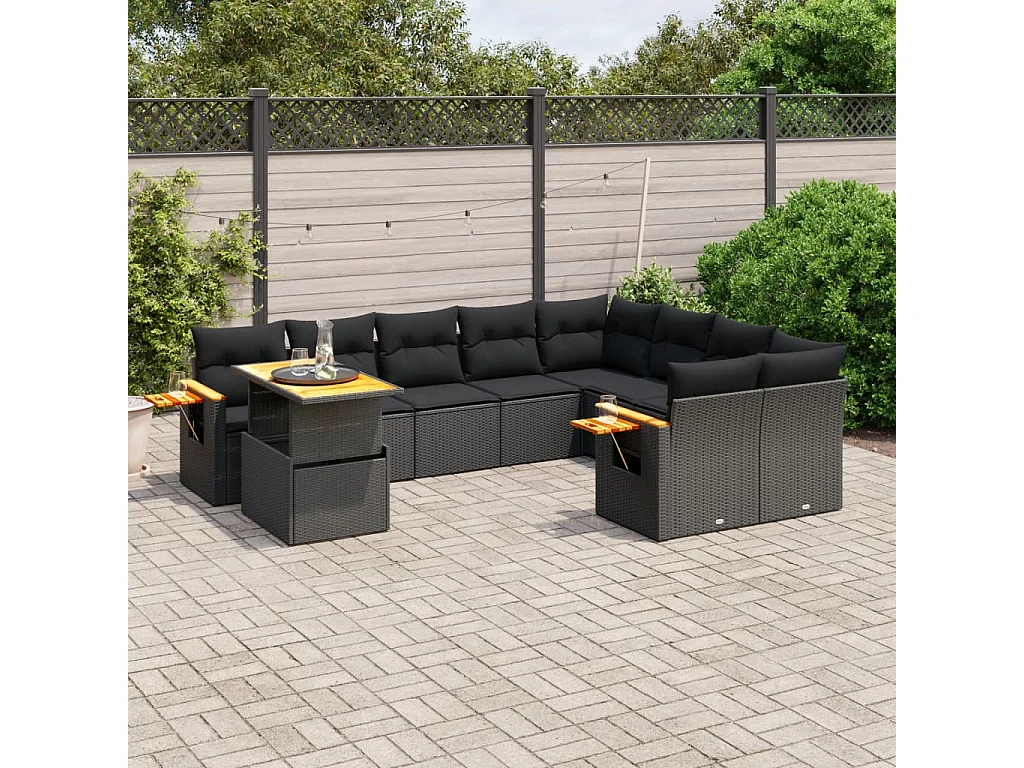 10-delige Loungeset met kussens poly rattan zwart