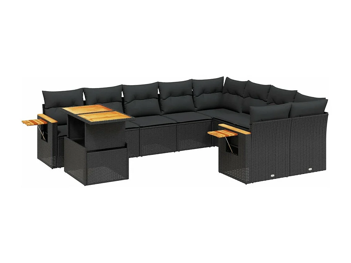 10-delige Loungeset met kussens poly rattan zwart