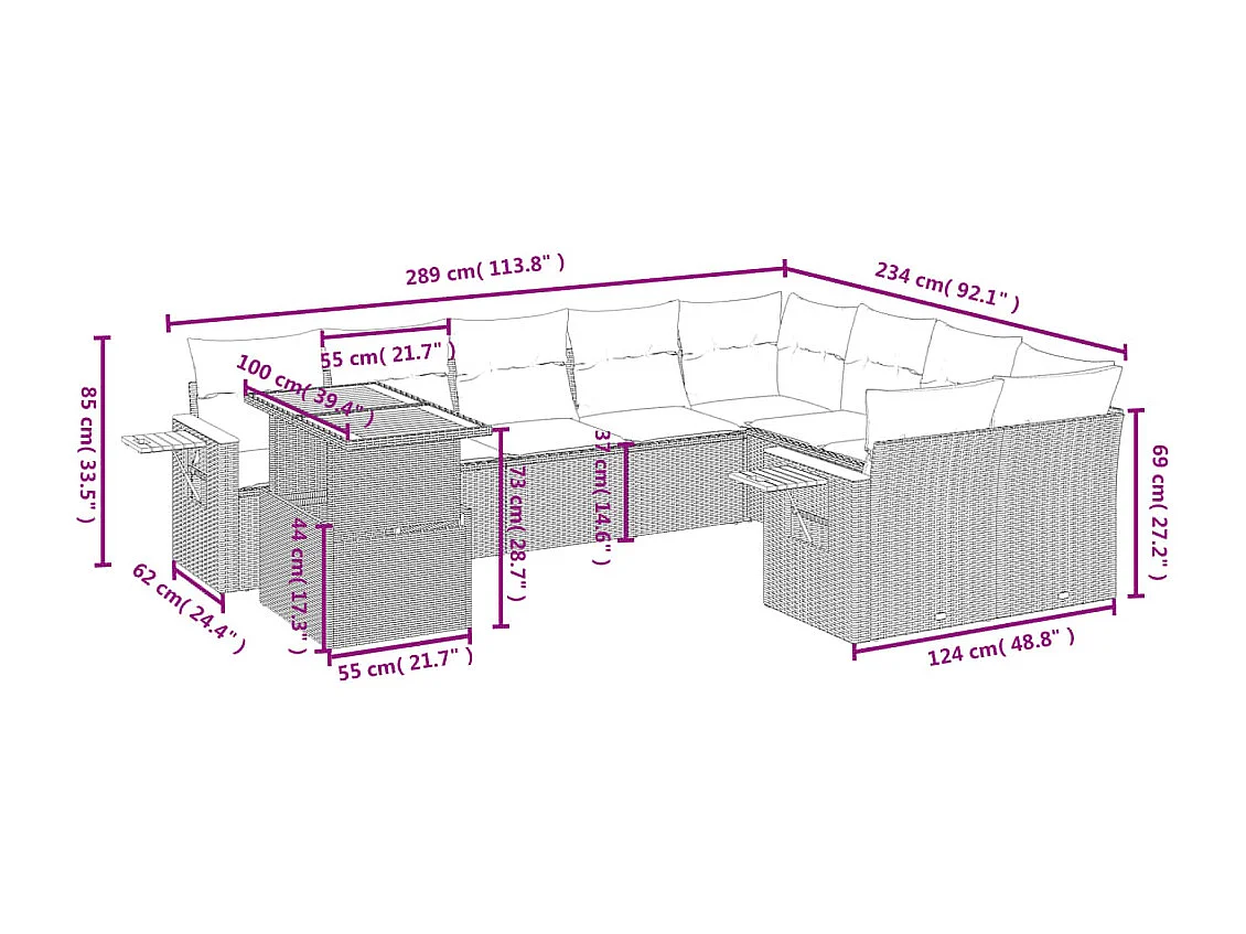 10-delige Loungeset met kussens poly rattan zwart