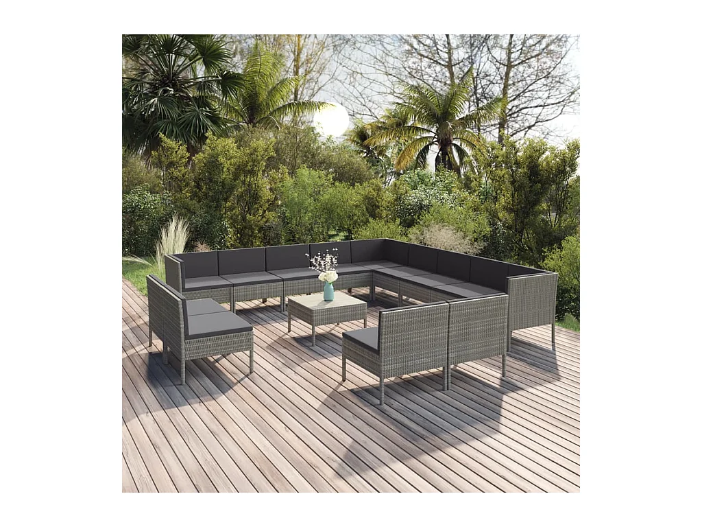 Salon de jardin 14 pièces avec coussins Résine tressée Gris