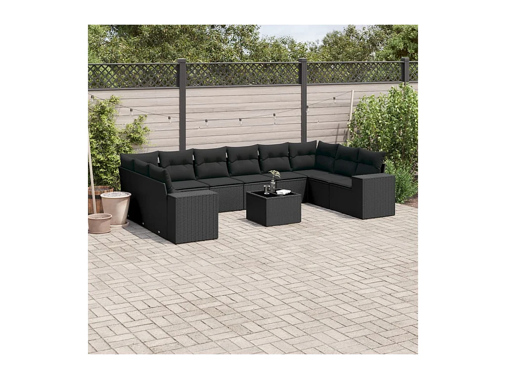 Salon de jardin 11 pièces avec coussins noir résine tressée