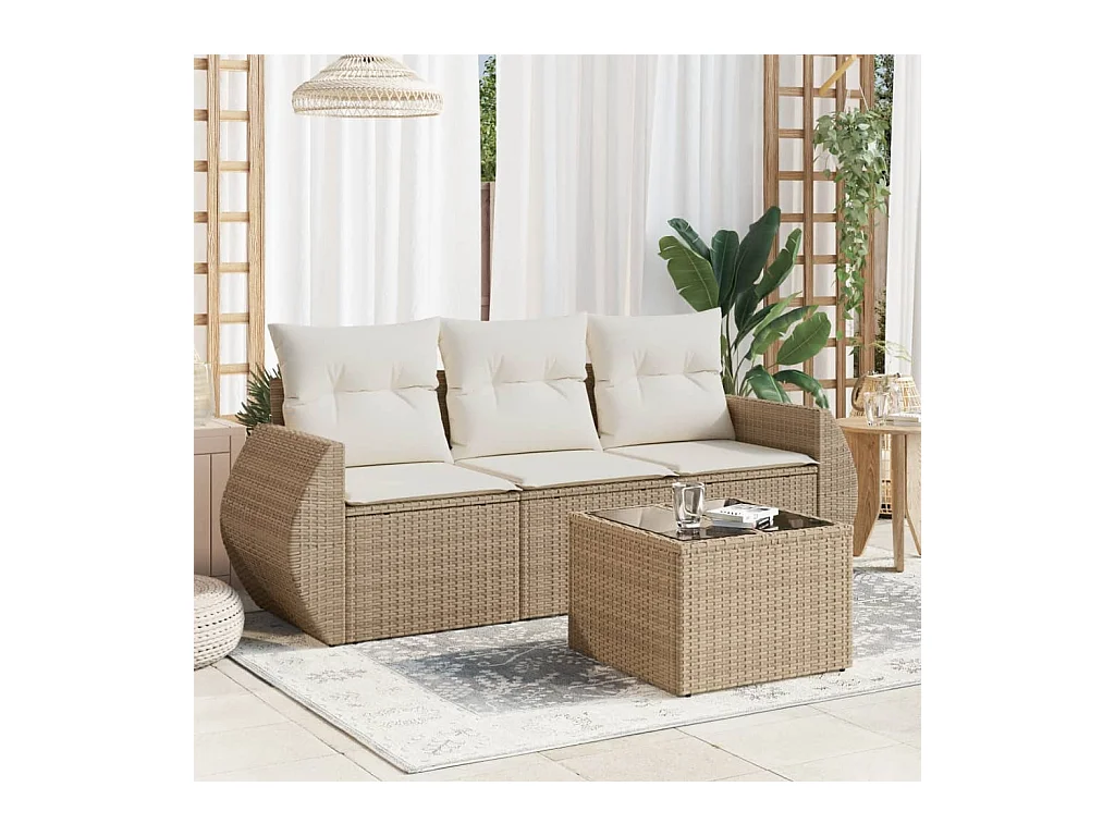 4-delige Loungeset met kussens poly rattan beige