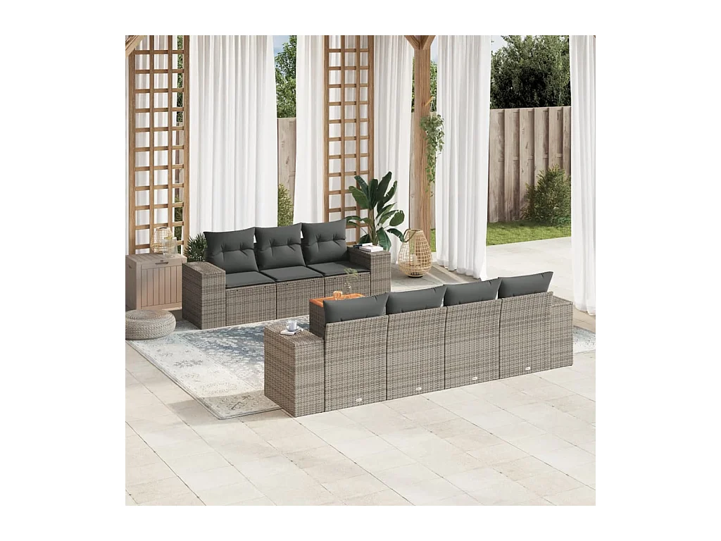 Salon de jardin 8 pièces avec coussins gris résine tressée
