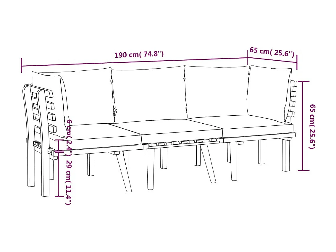 3-delige Loungeset met kussens massief acaciahout