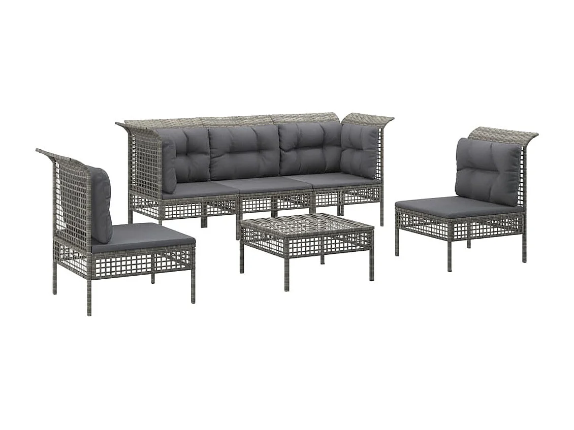 6-delige Loungeset met kussens poly rattan grijs
