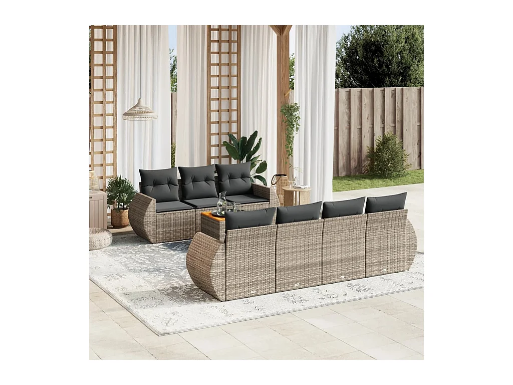 Salon de jardin 8 pièces avec coussins gris résine tressée