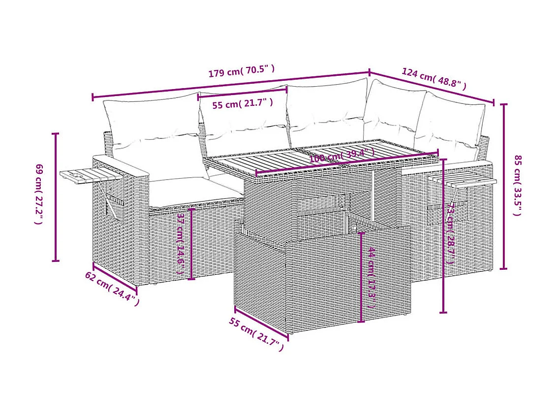 Salon de jardin 5 pièces avec coussins noir résine tressée