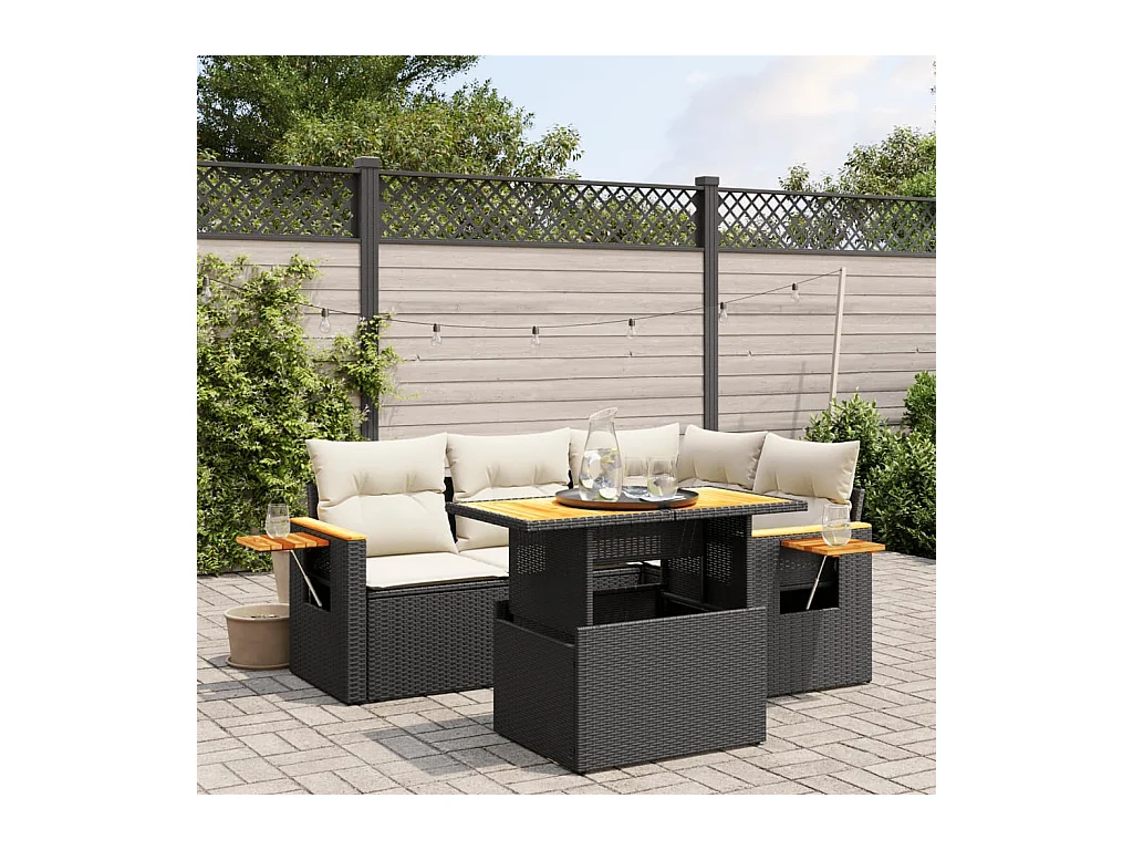 Salon de jardin 5 pièces avec coussins noir résine tressée