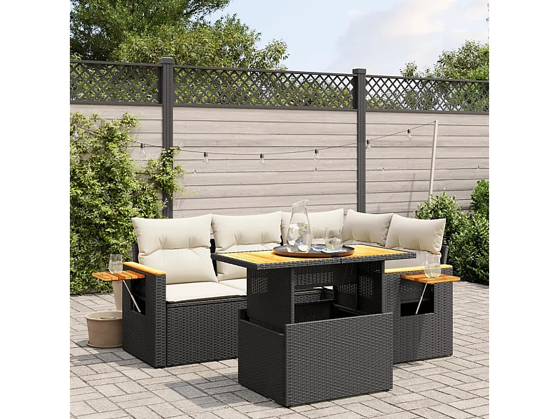 Set de muebles de jardín 5 piezas y cojines ratán sintético negro