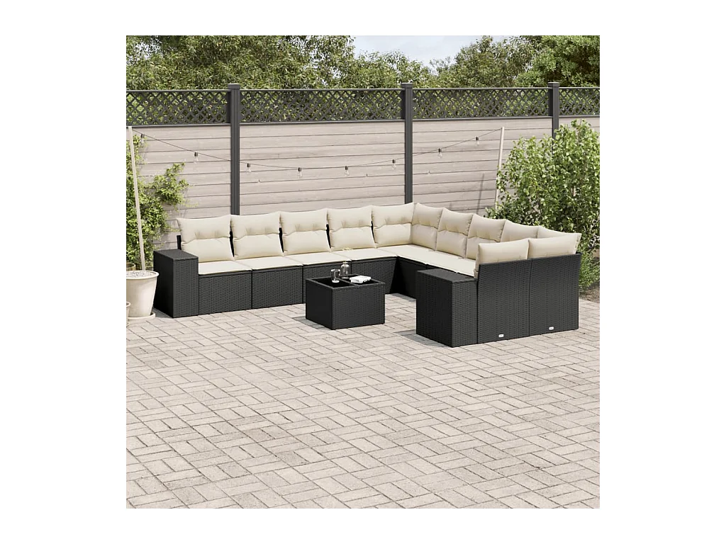 11-delige Loungeset met kussens poly rattan zwart