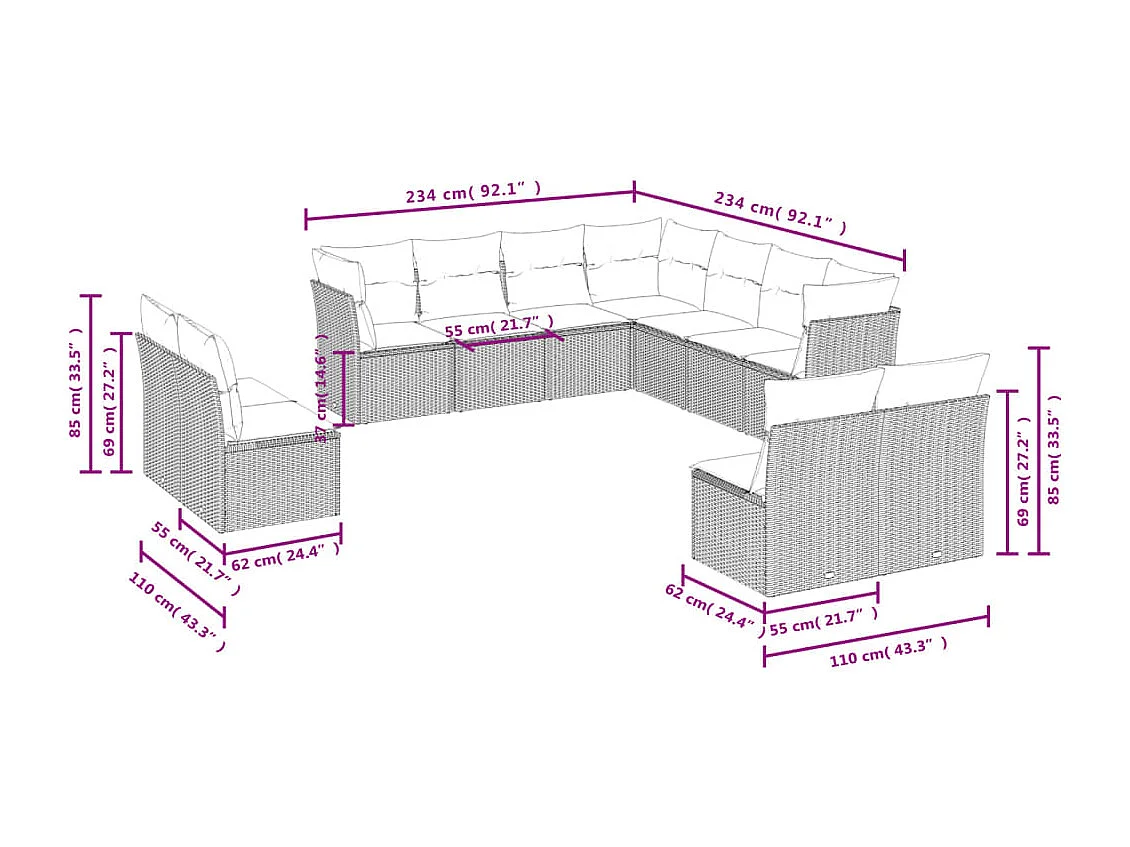 11-delige Tuinset met kussens poly rattan beige