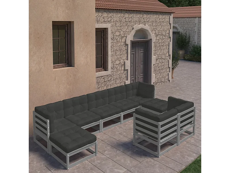 Juego de muebles de jardín 9 piezas y cojines madera maciza pino
