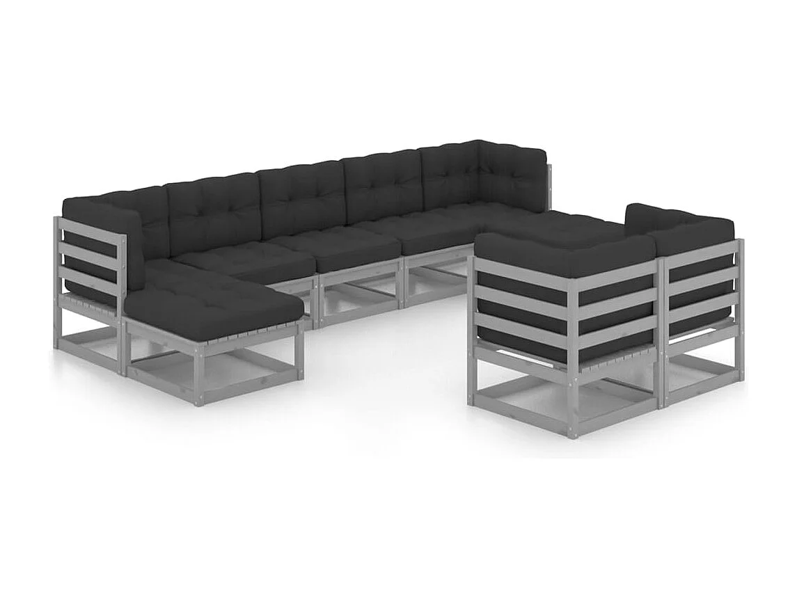 9peças conjunto lounge de jardim c/ almofadões pinho maciço cinza