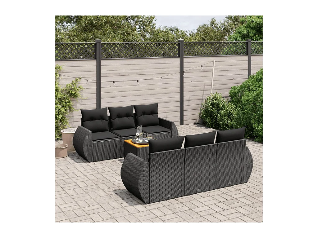 Salon de jardin 7 pièces avec coussins noir résine tressée