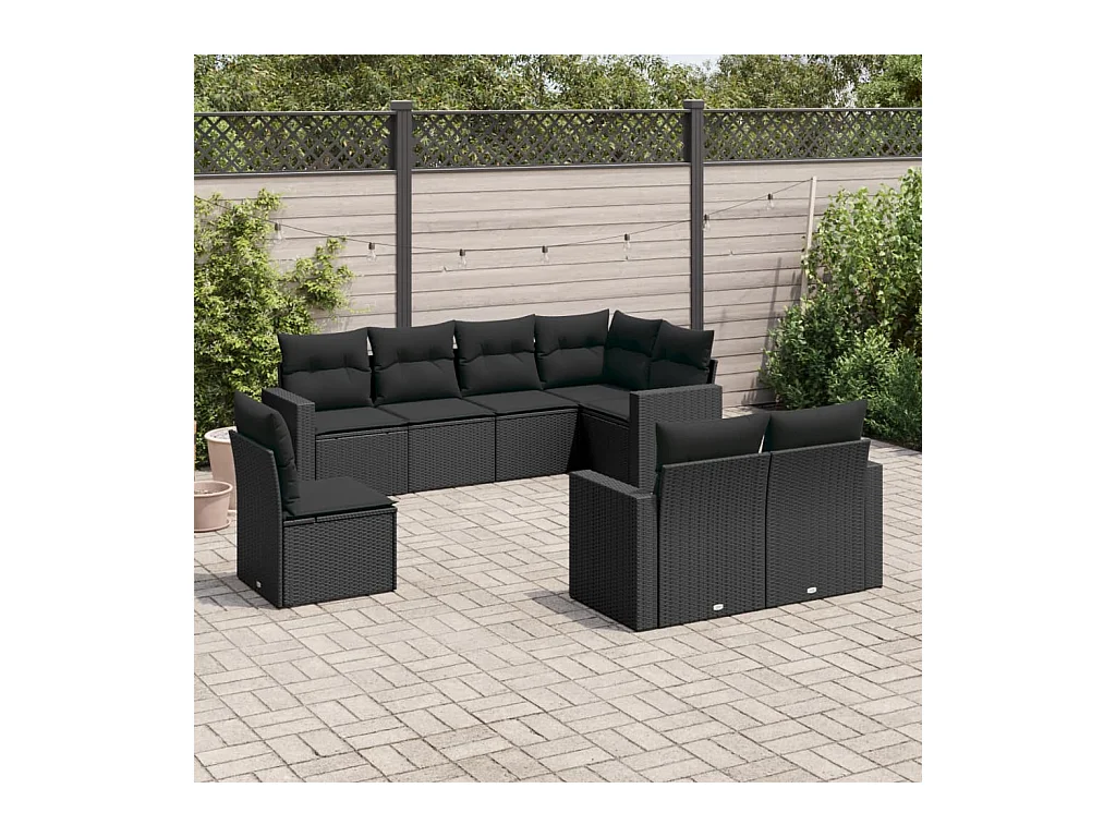 Salon de jardin 8 pièces avec coussins noir résine tressée