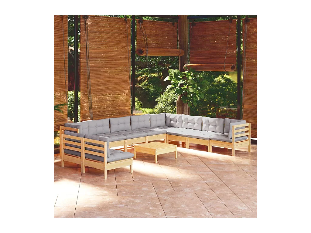 Juego de muebles de jardín 11 piezas y cojines madera maciza pino